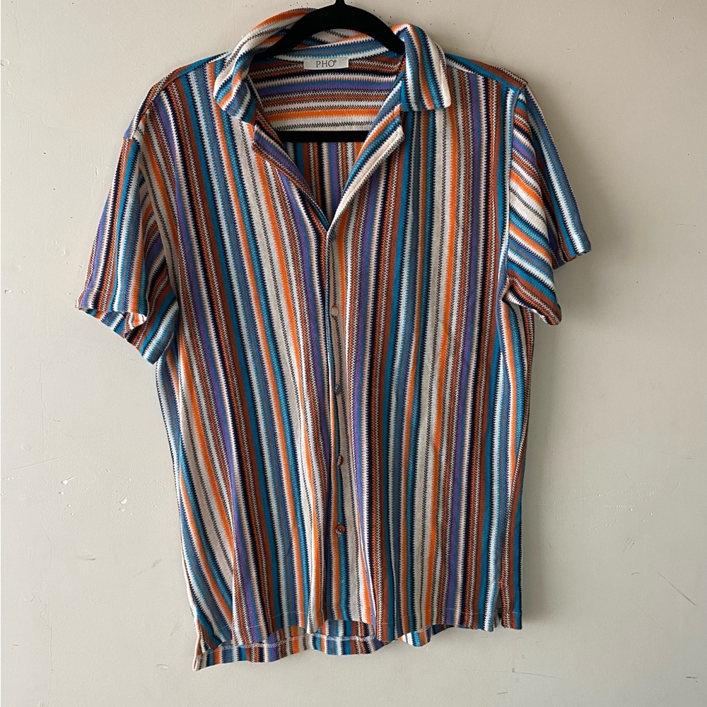 PHO Firenze Italy Vertical Stripe Knit Button Up Shirt Resort Luxury Sz L - Picture 3 of 11